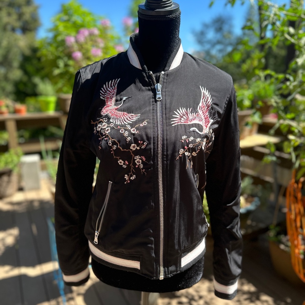 Trouve Black Bomber Jacket with Crane Embroidery